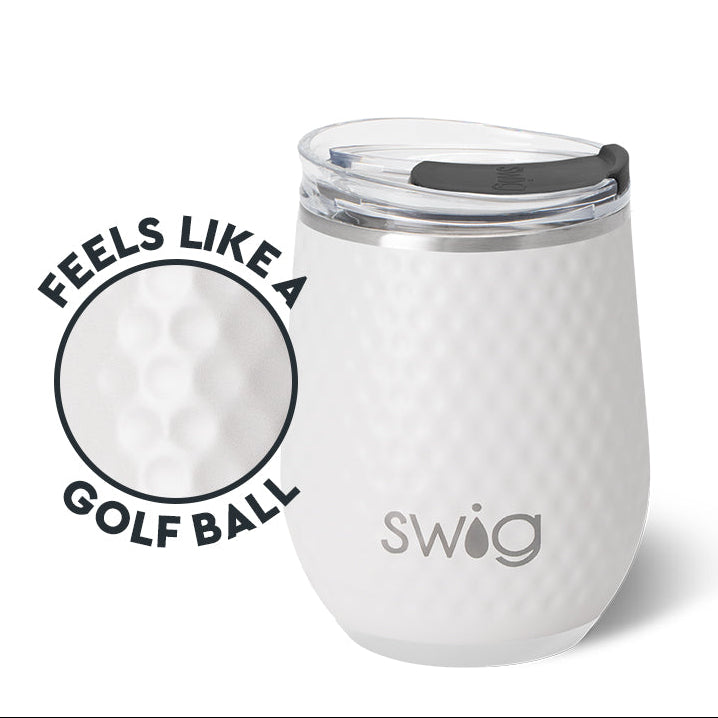 White tumbler with golf ball texture and 'SWIG' branding on a white background. Available at Be Charmed