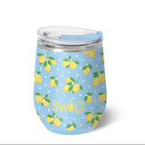 Tumbler with lemon pattern and 'Swig' branding on a white background. Available at Be Charmed