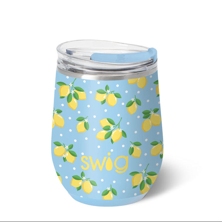 Tumbler with lemon pattern and 'Swig' branding on a white background. Available at Be Charmed