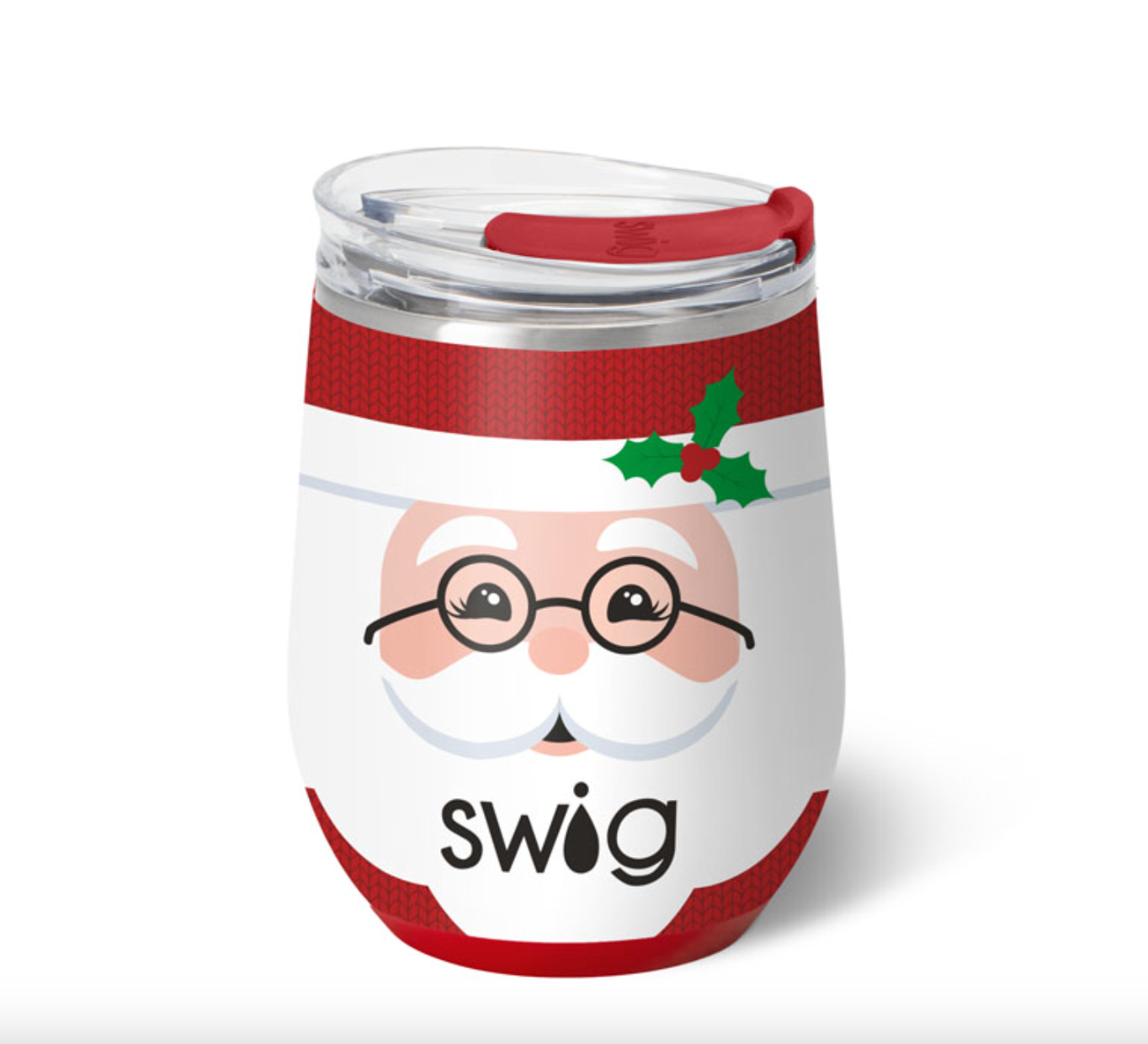 Swig Mr Claus Stemless Wine Cup 12oz – insulated and durable wine cup for parties and everyday use. Available at Be Charmed.