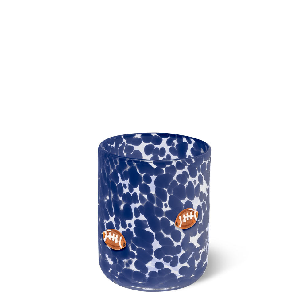 Swig Life navy football charm glass featuring hand-pressed 3D football icons and speckled color design, available at Be Charmed