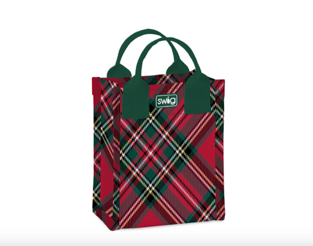 Swig red and green plaid bag with a visible brand logo on a white background
