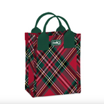 Swig red and green plaid bag with a visible brand logo on a white background