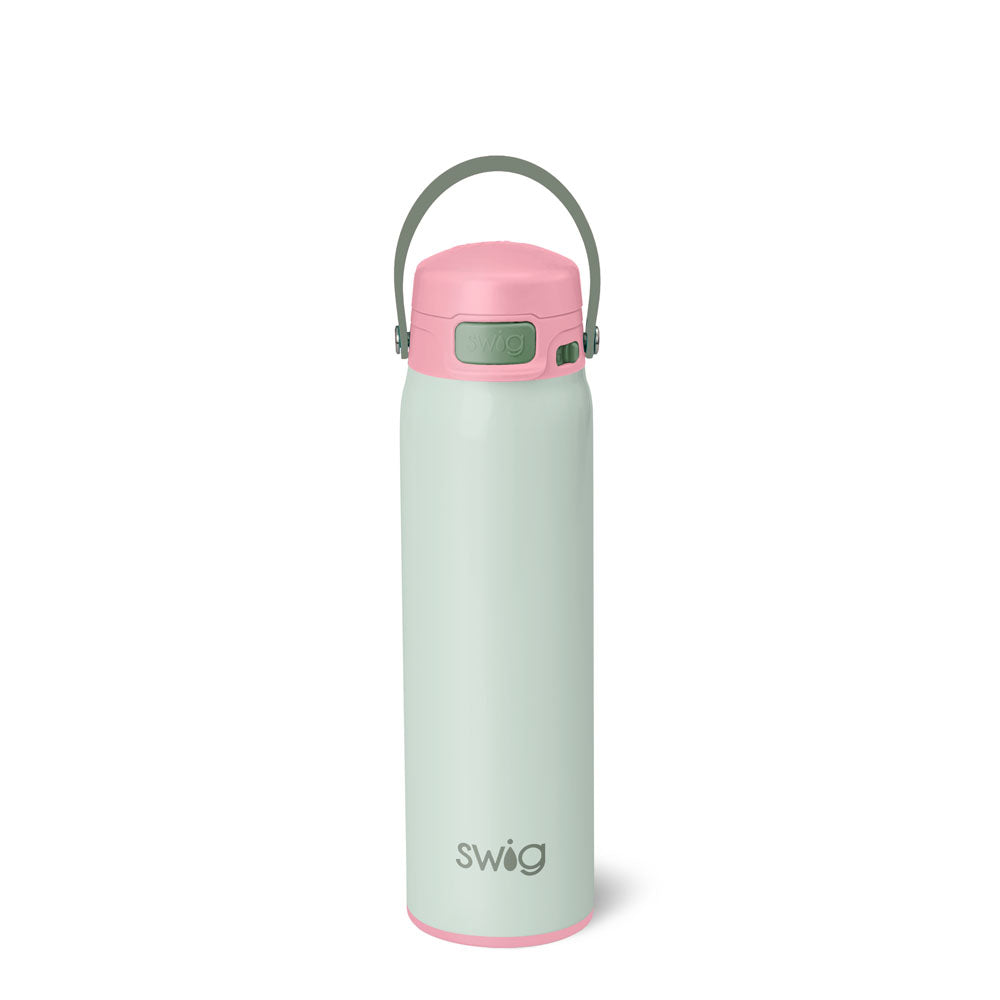 Swig Mint green water bottle with pink lid on a white background