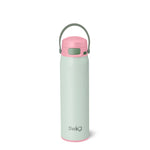 Swig Mint green water bottle with pink lid on a white background