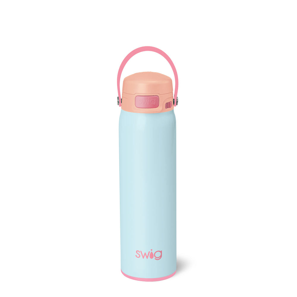 Light blue swig ez gill water bottle with pink lid and handle on a white background
