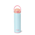 Light blue swig ez gill water bottle with pink lid and handle on a white background