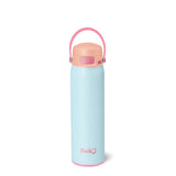Light blue swig ez gill water bottle with pink lid and handle on a white background