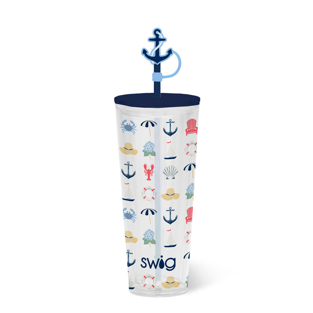 Tumbler with nautical design and 'swig' branding on a white background. Available at Be Charmed