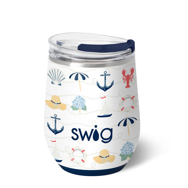Swig tumbler with nautical-themed design on a white background. Available at Be Charmed
