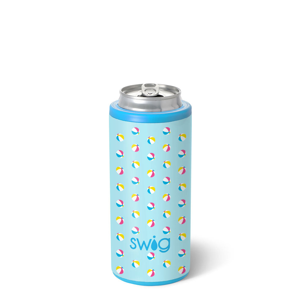 Blue can cooler with beach ball pattern and 'swig' branding on a white background. Available at Be Charmed
