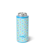 Blue can cooler with beach ball pattern and 'swig' branding on a white background. Available at Be Charmed