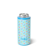 Blue can cooler with beach ball pattern and 'swig' branding on a white background. Available at Be Charmed
