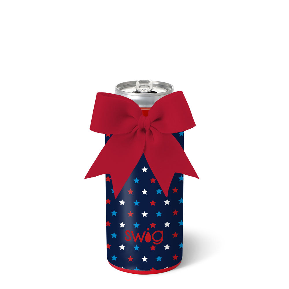 Can cooler with red bow and star pattern on a white background. Available at Be Charmed