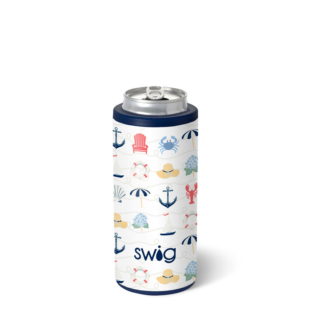 Can cooler with beach-themed design and 'swig' branding on a white background. Available at Be Charmed