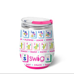 Swig Mahjong stainless steel 12oz stemless wine cup featuring double-wall vacuum insulation and a secure slider lid, available at Be Charmed