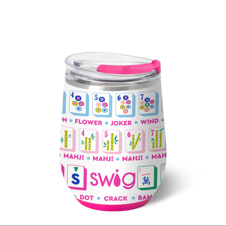 Swig Mahjong stainless steel 12oz stemless wine cup featuring double-wall vacuum insulation and a secure slider lid, available at Be Charmed