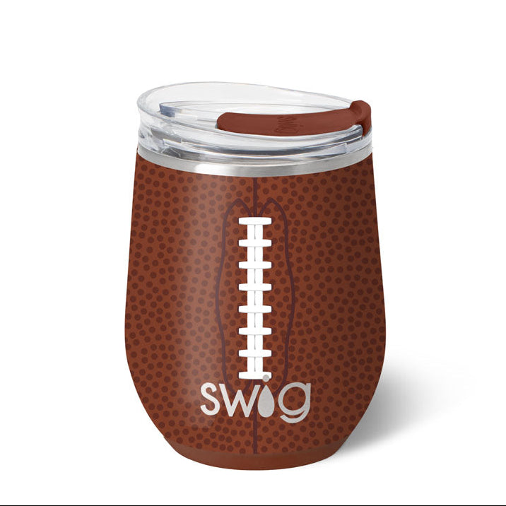 Swig Football stainless steel 12oz stemless wine cup featuring double-wall vacuum insulation and a secure slider lid, available at Be Charmed