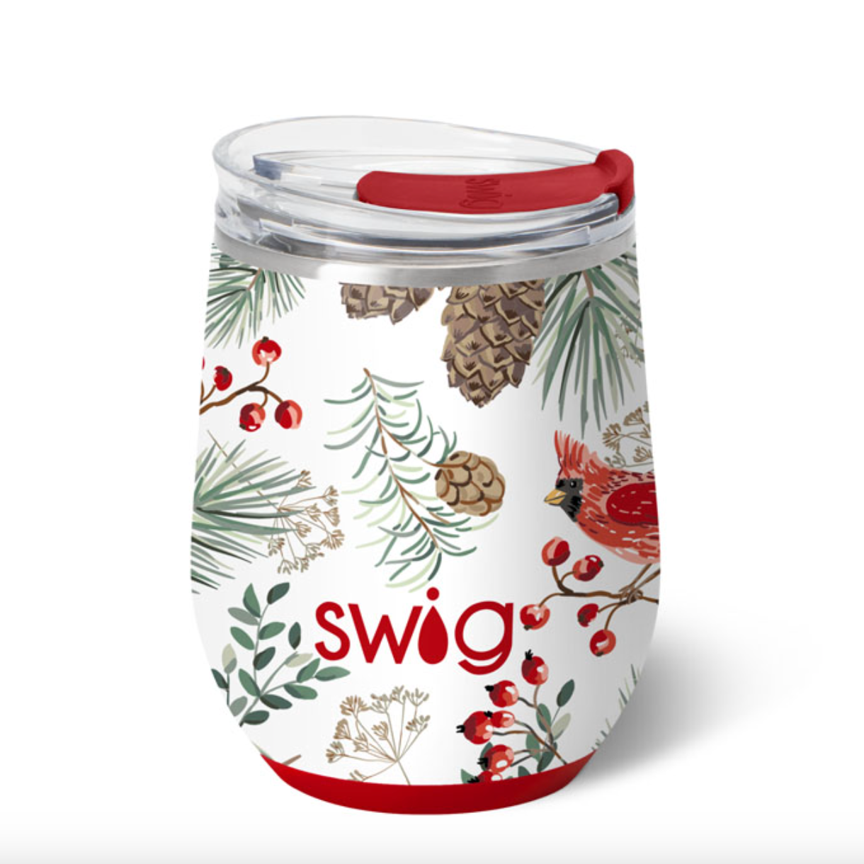 Swig Winter Cardinal Stemless Wine Cup 12oz – insulated and durable wine cup for parties and everyday use. Available at Be Charmed.