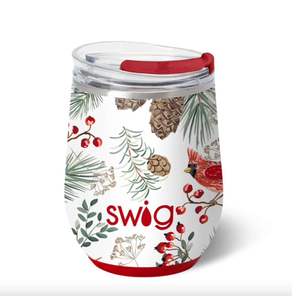 Swig Winter Cardinal Stemless Wine Cup 12oz – insulated and durable wine cup for parties and everyday use. Available at Be Charmed.
