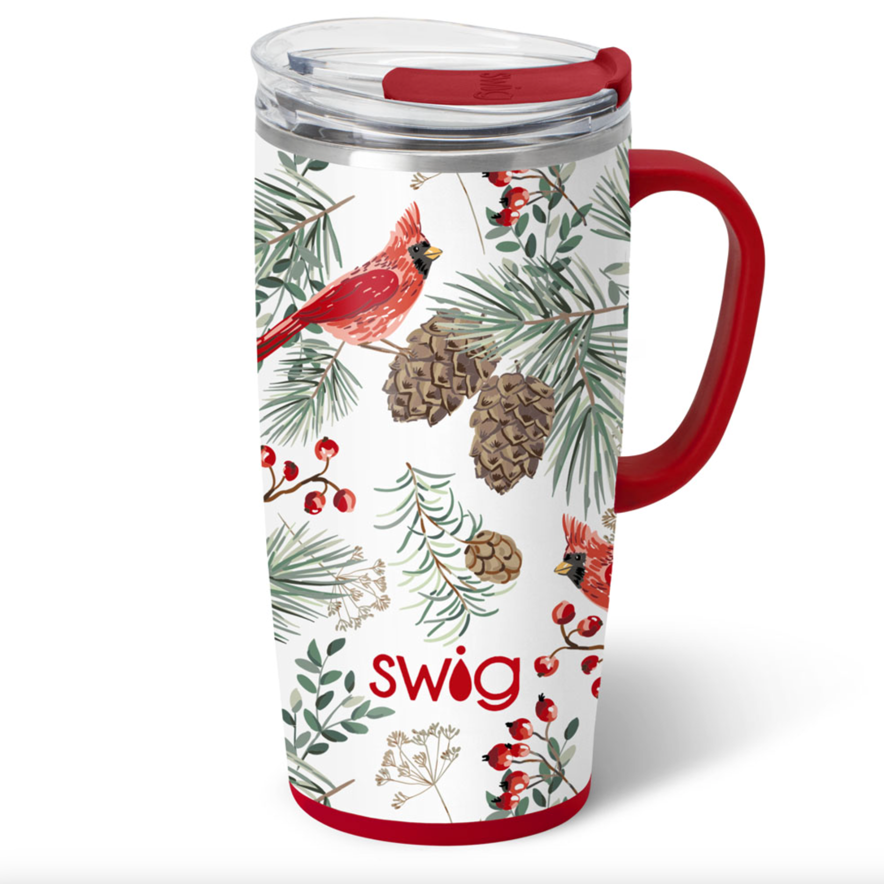 Swig mug with Christmas design featuring cardinals, pinecones, and berries on a white background. Available at Be Charmed. 