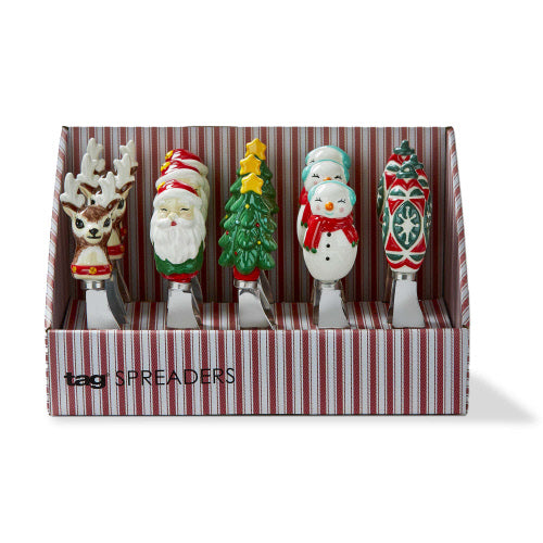 Set of five TAG Christmas-themed spreaders in a striped box. Available at Be Charmed