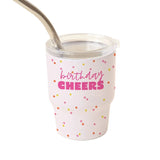 White tiny tumbler with colorful polka dots and 'birthday cheers' text on a white background. Available at Be Charmed