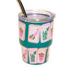 A teal insulated Darling Effect Tiny tumbler with a clear lid and metal straw, decorated with a pink and white mahjong tile pattern featuring flamingos, bamboo, and fruit motifs. Available at Be Charmed