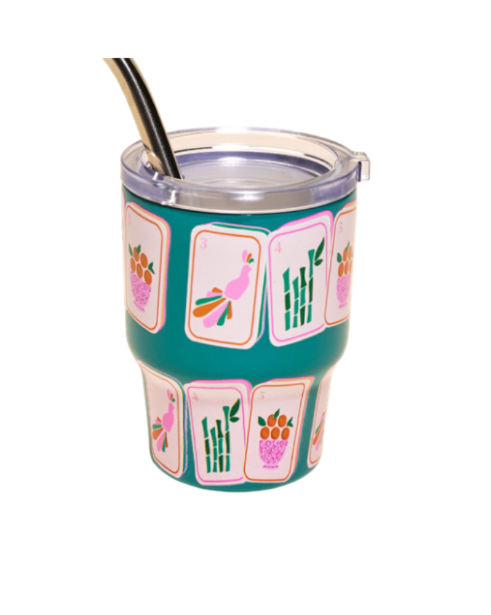 A teal insulated Darling Effect Tiny tumbler with a clear lid and metal straw, decorated with a pink and white mahjong tile pattern featuring flamingos, bamboo, and fruit motifs. Available at Be Charmed