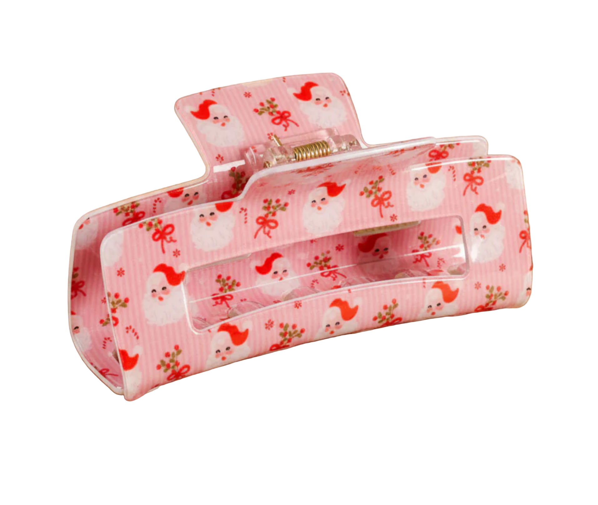 Holly Jolly Santa Pink hair clip with a santa and floral pattern on a white background. Available at Be Charmed. 