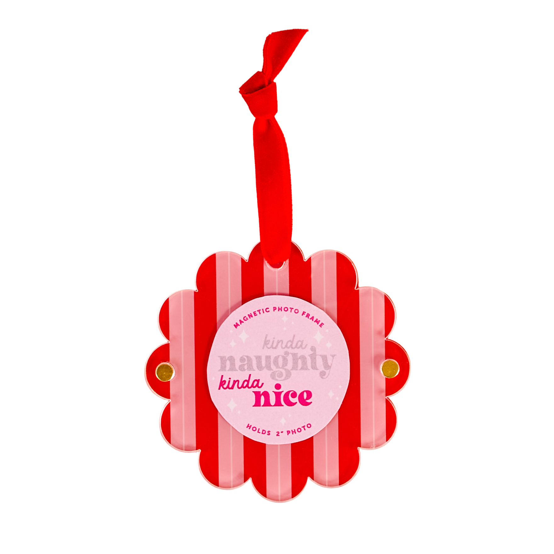 Red and white striped magnetic photo frame ornament with kinda naughty kinda nice text with a red ribbon on a white background. Available at Be Charmed. 