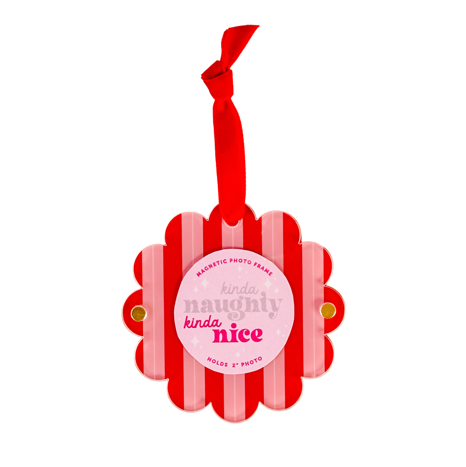 Red and white striped magnetic photo frame ornament with kinda naughty kinda nice text with a red ribbon on a white background. Available at Be Charmed. 