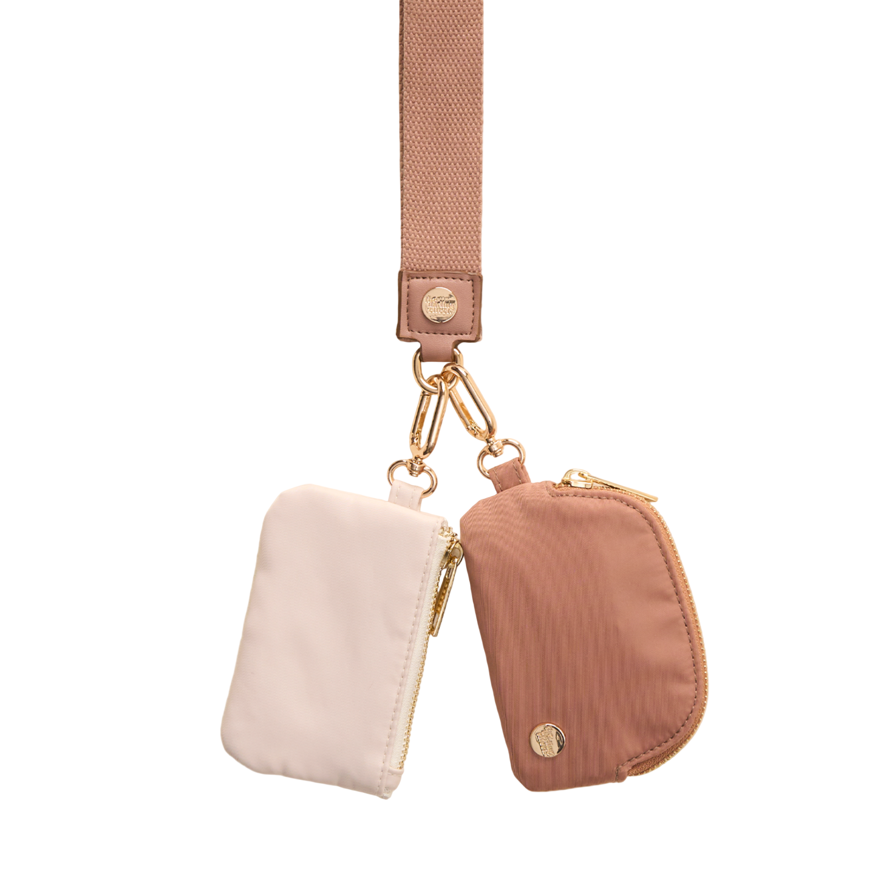 The Darling Effect Dynamic Duo Pouch Wristlet – two coordinating brown and pink pouches with wrist strap. Available at Be Charmed.