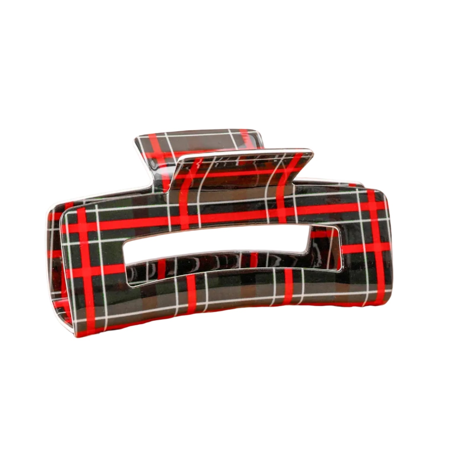 A Darling Effect claw-style hair clip with a black, red, and white plaid pattern, shown on a solid white background. Available at Be Charmed