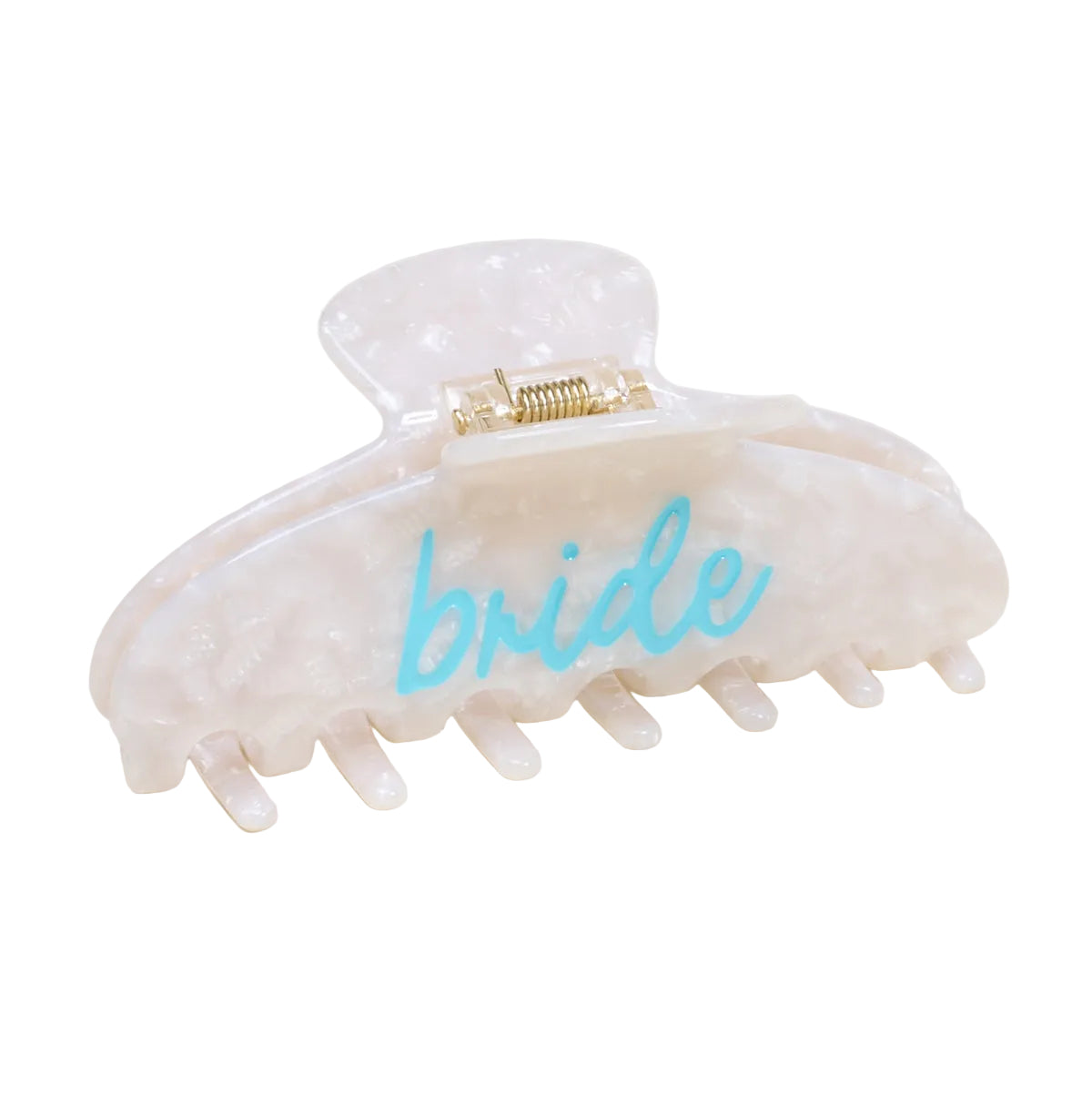 Clear hair clip with 'bride' written on it against a white background. Available at Be Charmed