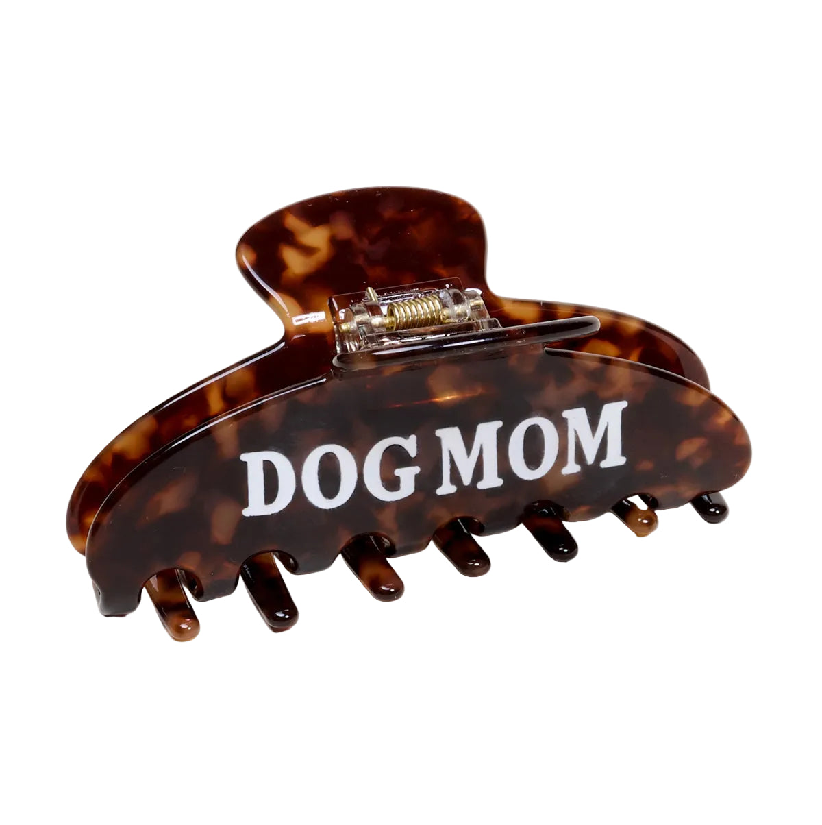 Tortoiseshell hair clip with 'DOG MOM' text on a white background. Available at Be Charmed