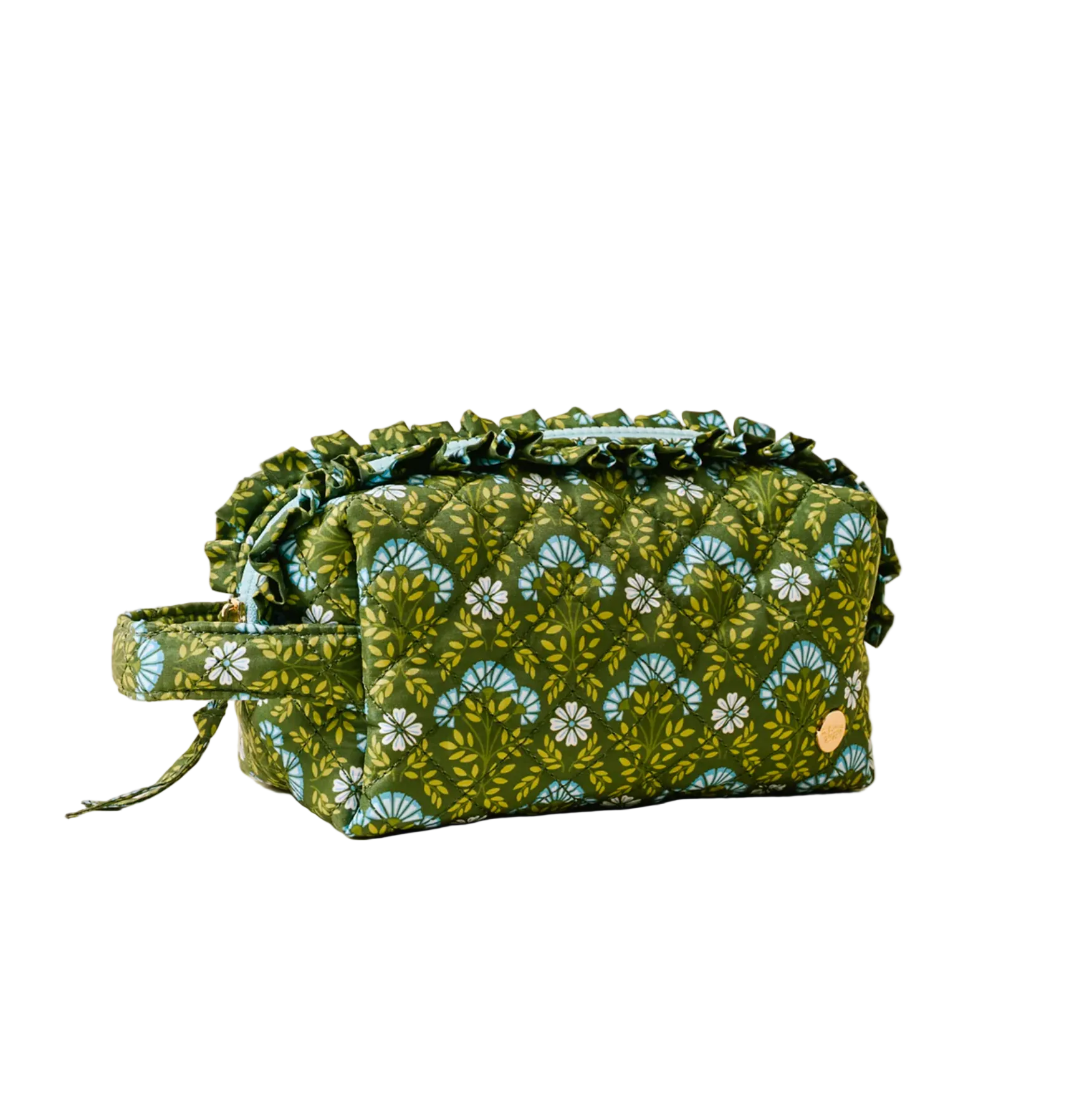 Green floral Everbloom Forest patterned fabric cosmetic bag on a beige background. Available at Be Charmed. 