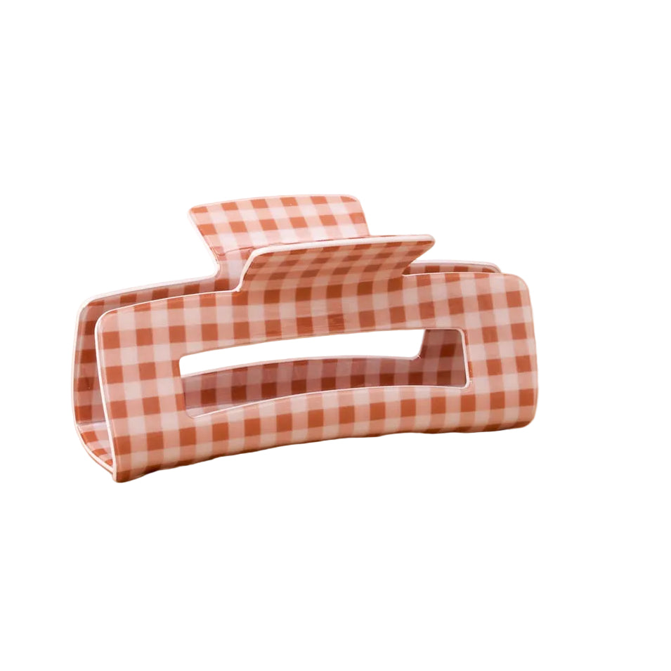 The Darling Effect claw clip in maple gingham, classic design for versatile hair styling, available at Be Charmed