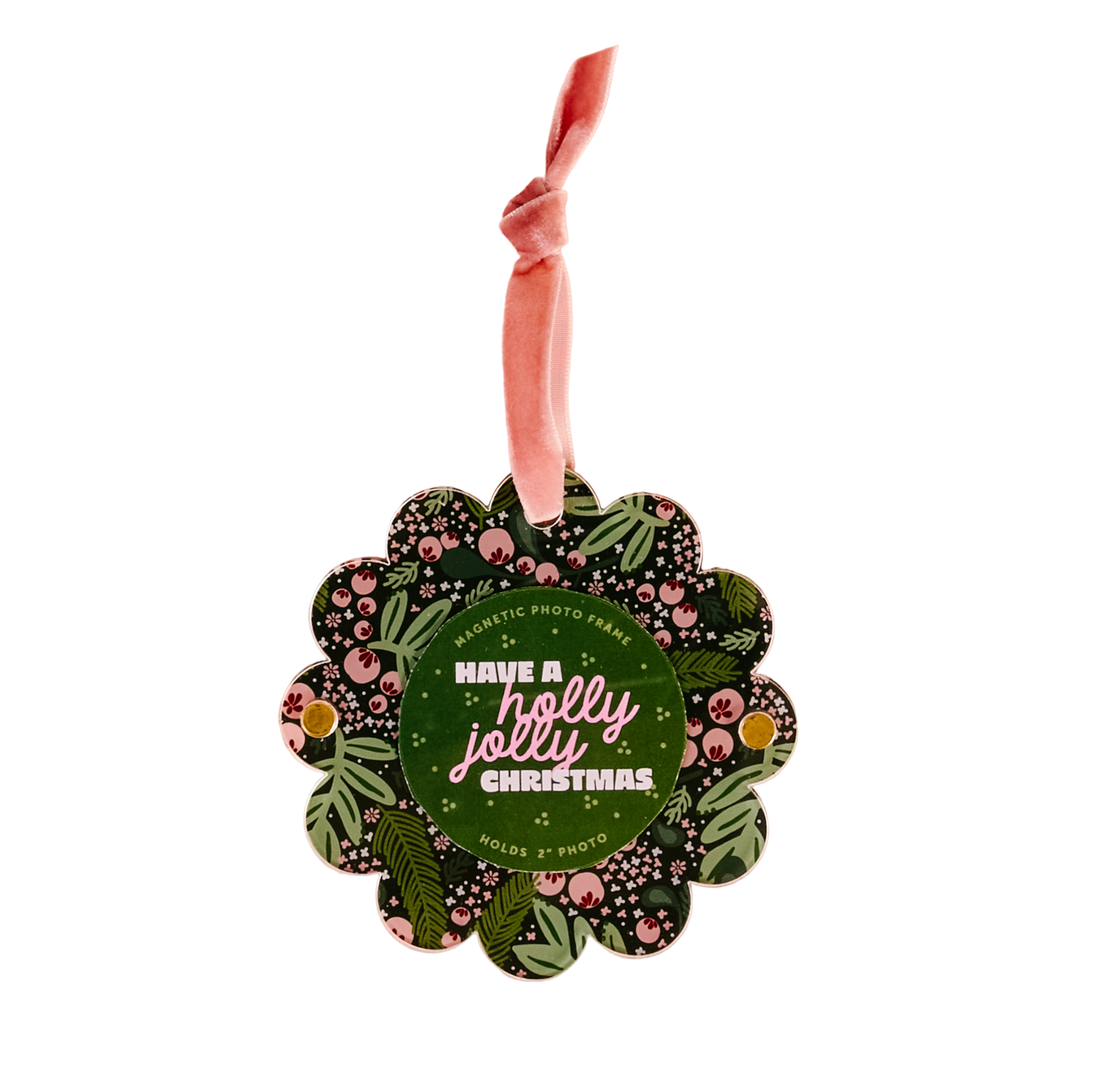 Decorative Christmas photo frame ornaments with floral design and text that says have a holly jolly christmas on a white background. Available at Be Charmed. 