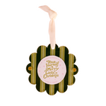 Decorative Christmas photo ornament with have yourself a merry little christmas on it with green stripes and gold accents on a white background. Available at Be Charmed. 