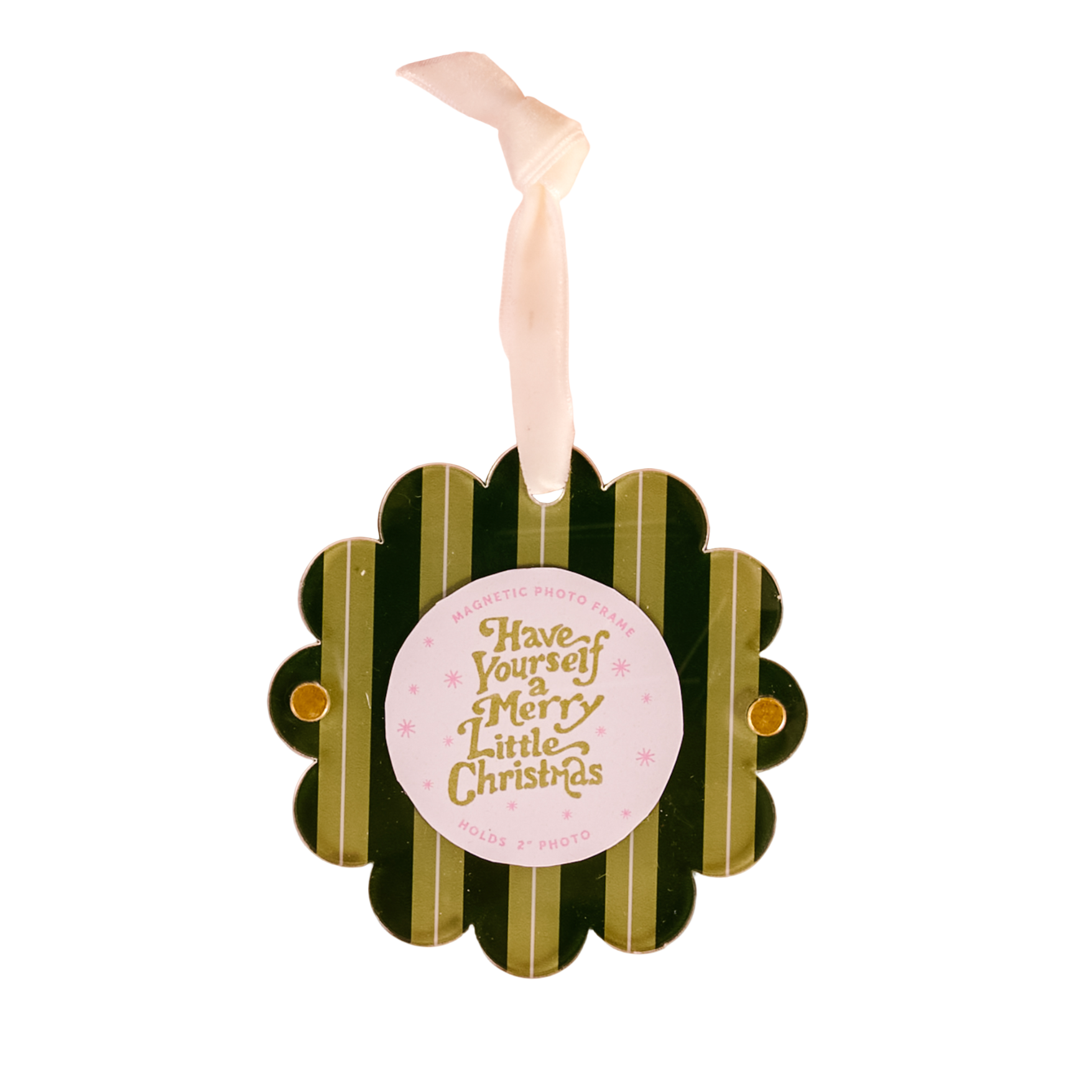 Decorative Christmas photo ornament with have yourself a merry little christmas on it with green stripes and gold accents on a white background. Available at Be Charmed. 
