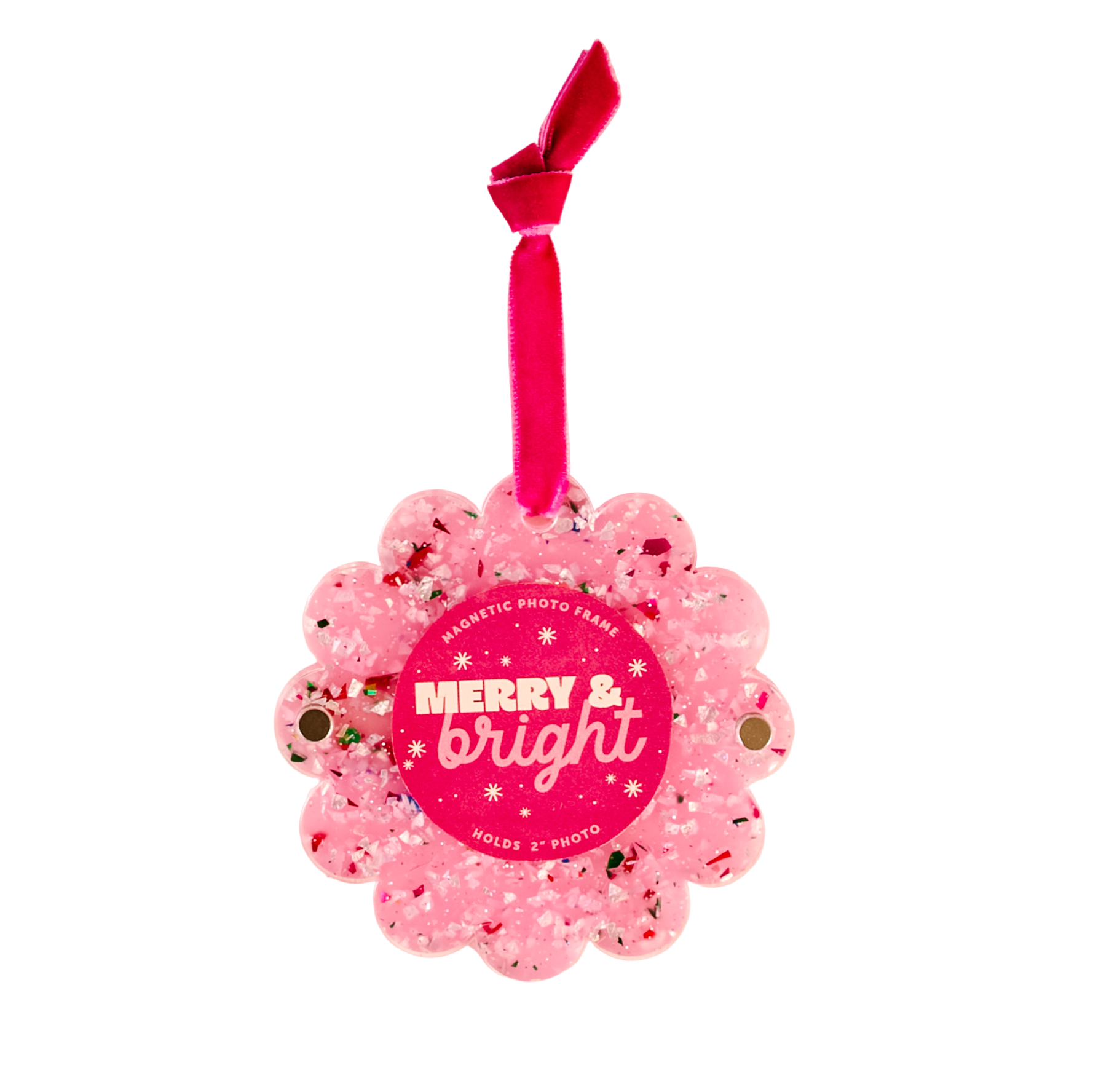 The Darling Effect pink photo frame ornament with 'Merry & Bright' text on a white background. Available at Be Charmed. 