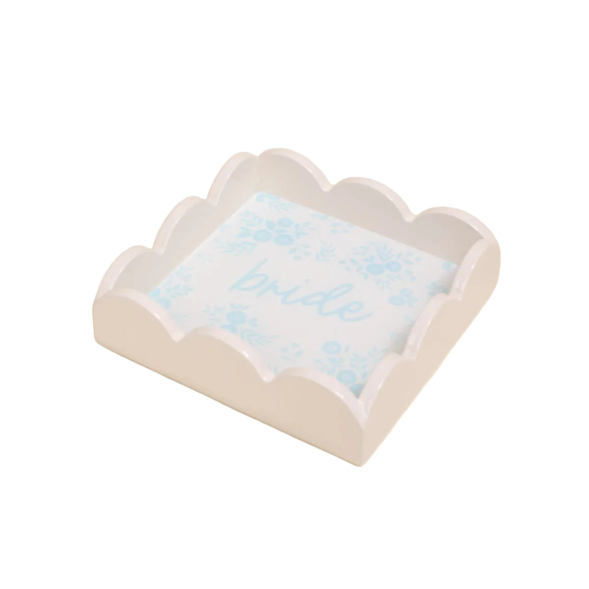 White scalloped edge box with blue  'bride' text on a white background. Available at Be Charmed