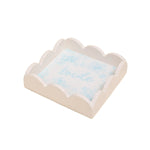 White scalloped edge box with blue  'bride' text on a white background. Available at Be Charmed