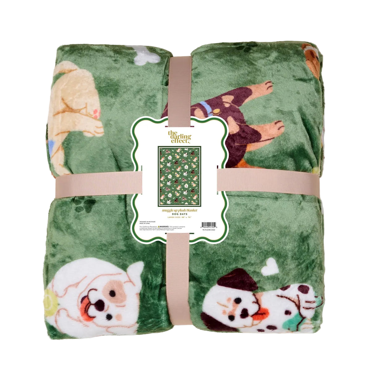 Folded green blanket with dogs on a white background. Available at Be Charmed