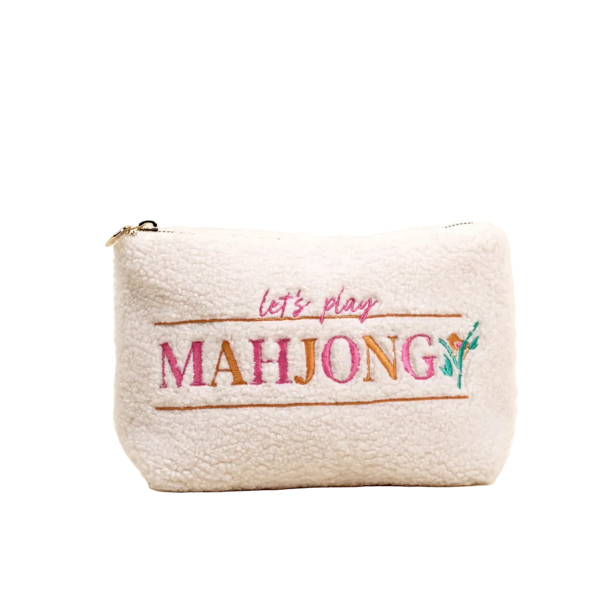 White pouch with 'let's play MAHJONG' text on a white background. Available at Be Charmed