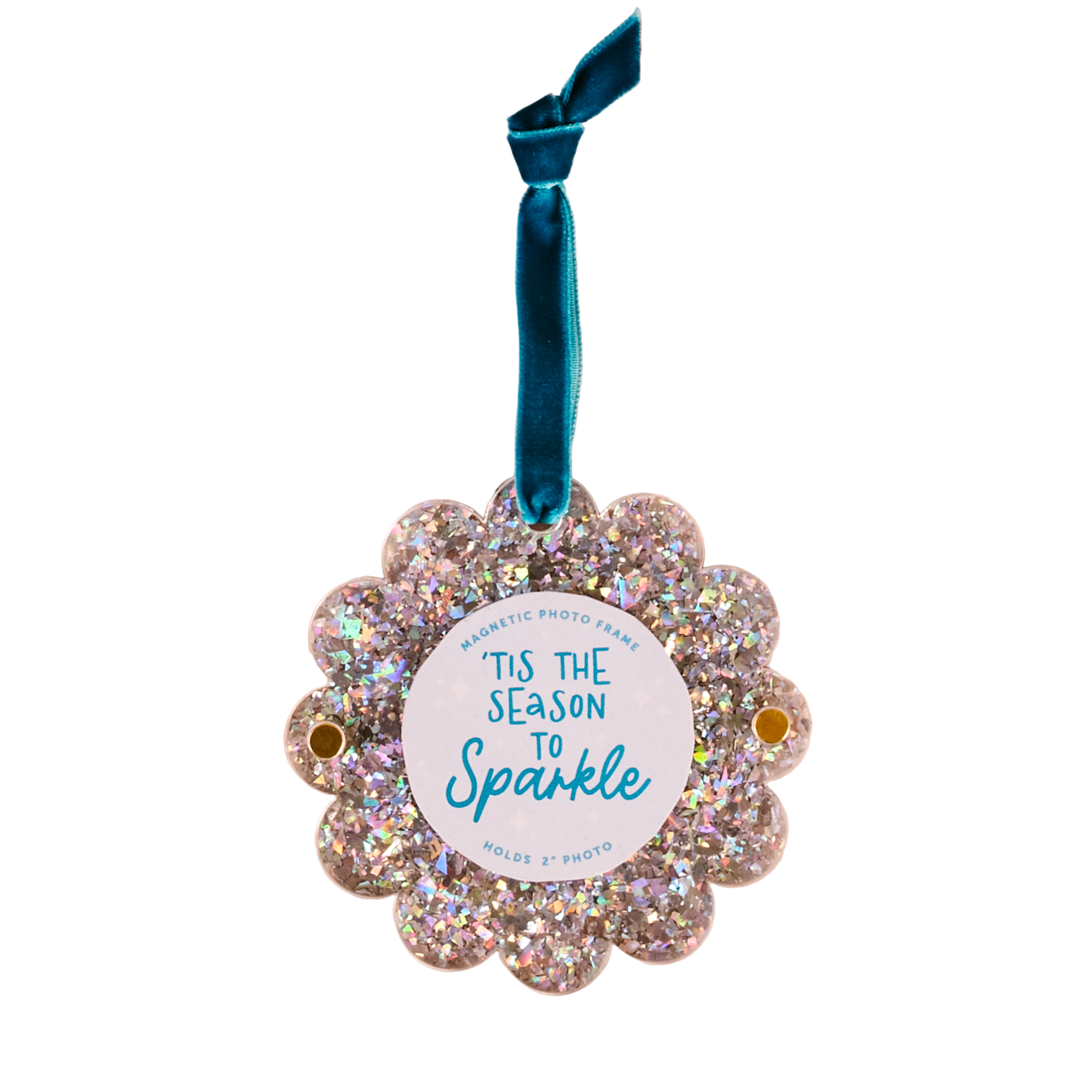 Decorative photo ornament with glittery design with 'tis the season to sparkle text and blue ribbon on a white background. Available at Be Charmed. 
