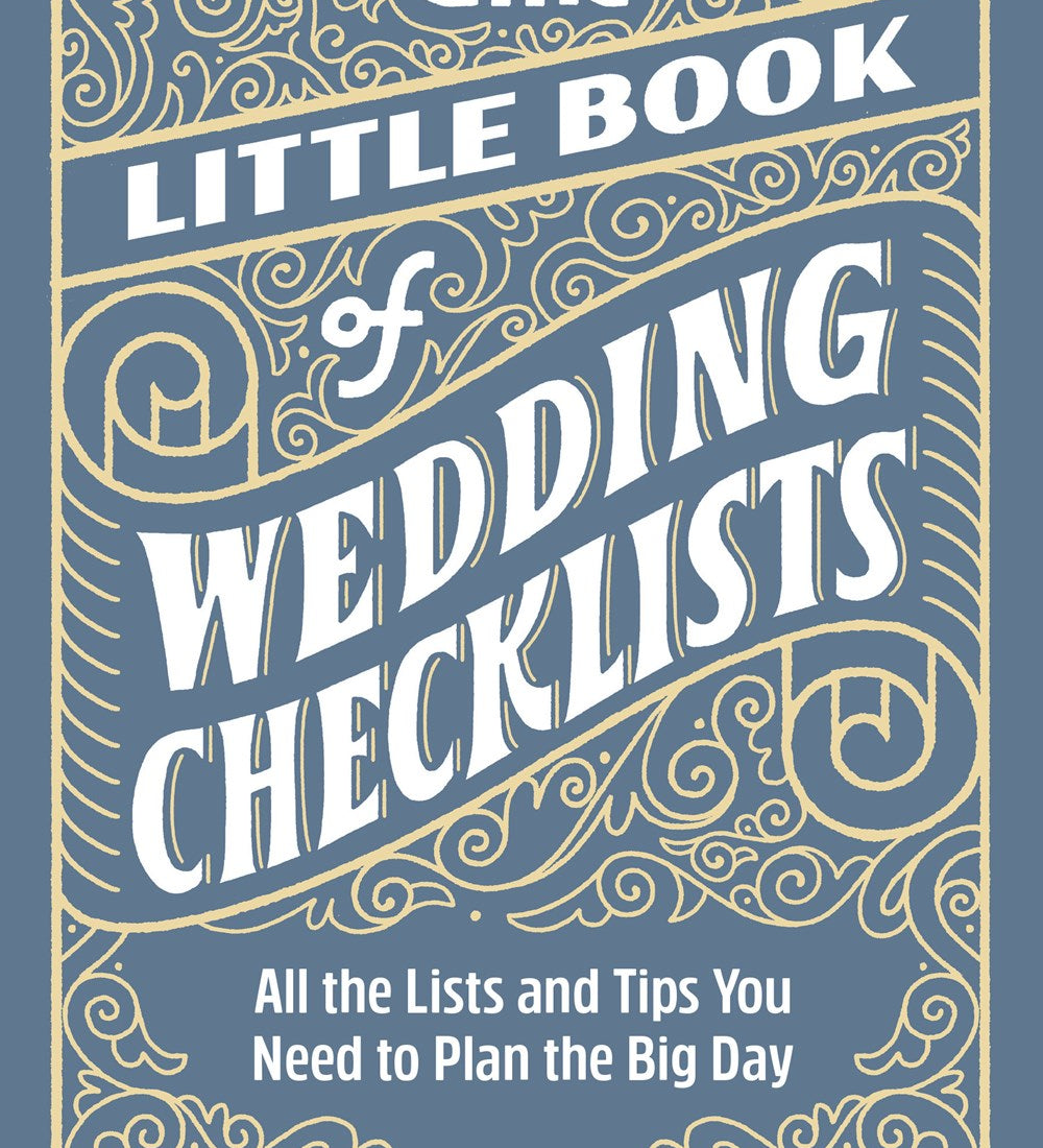 Book cover of 'The Little Book of Wedding Checklists' with decorative text on a blue background. Available at Be Charmed