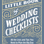 Book cover of 'The Little Book of Wedding Checklists' with decorative text on a blue background. Available at Be Charmed