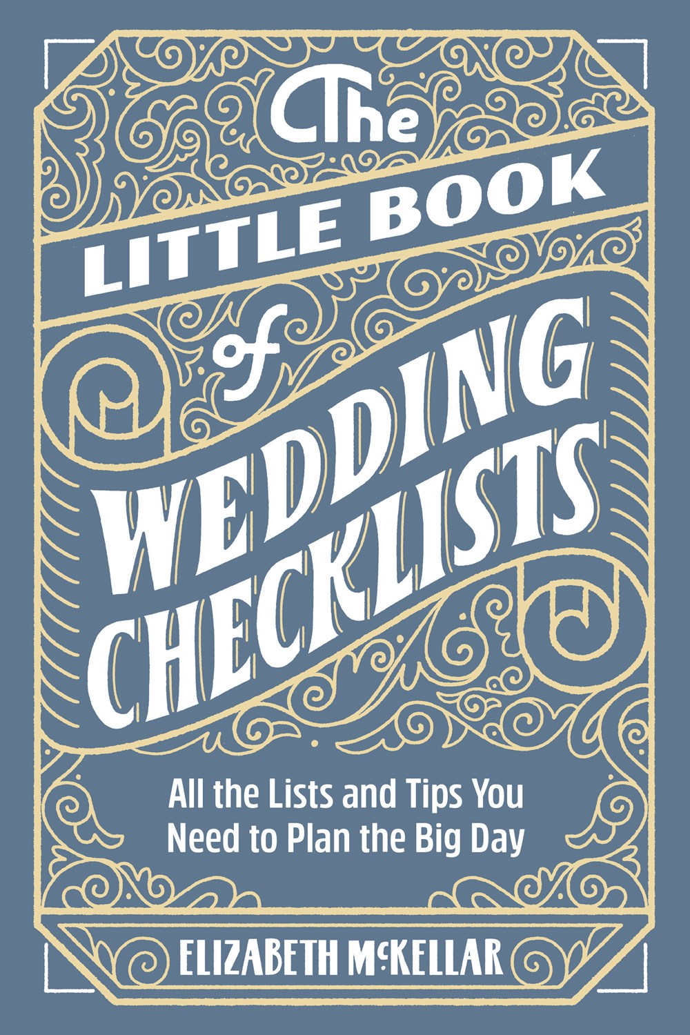 Book cover of 'The Little Book of Wedding Checklists' with decorative text on a blue background. Available at Be Charmed